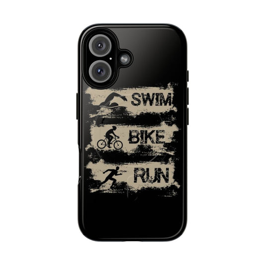 Triathlon-themed magnetic tough phone case with swim bike run design