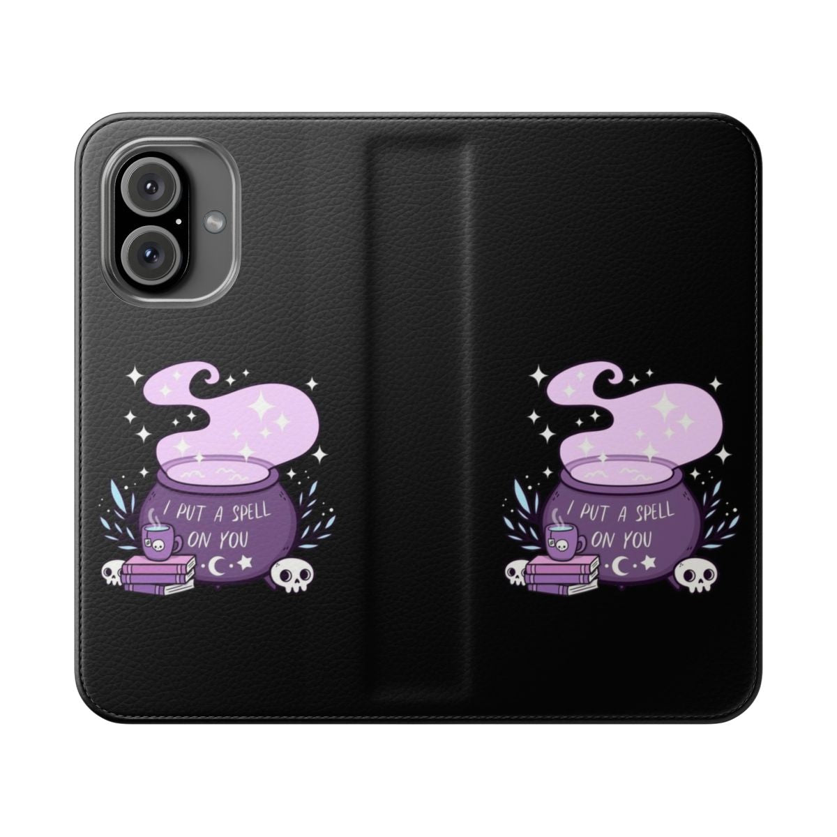 Flip cover phone case featuring a detailed cauldron illustration in a spooky, witchy style.