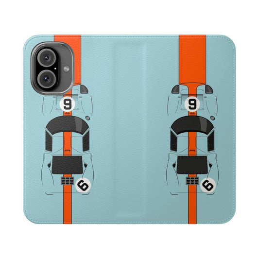 Vintage racing-inspired flip cover phone case with classic motorsports design