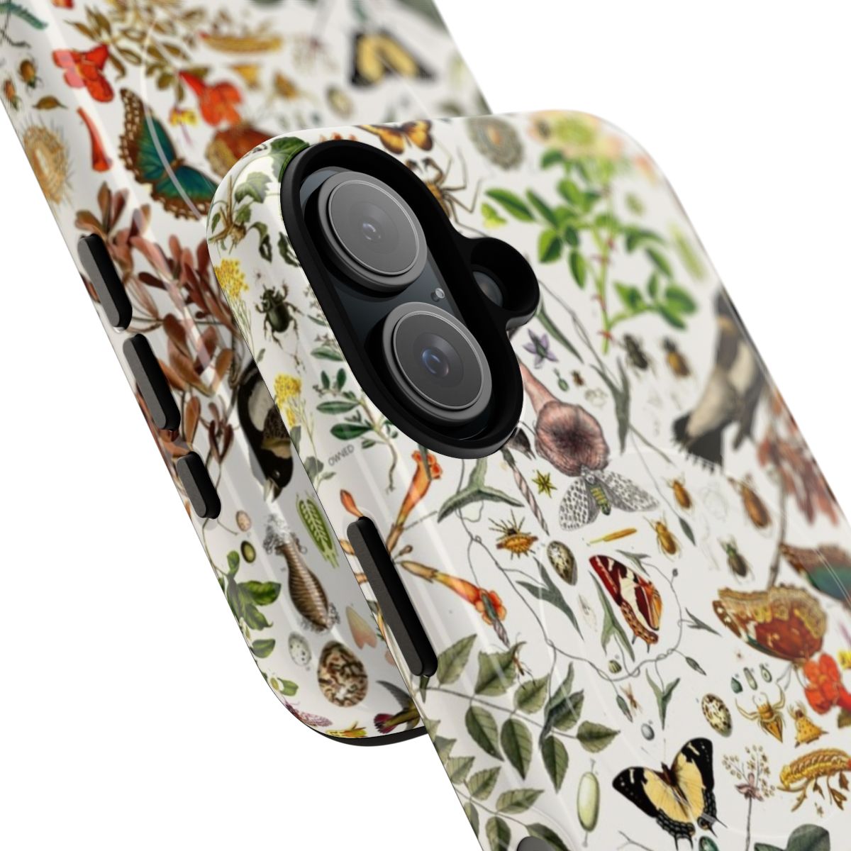 Vibrant phone case with a nature-inspired botanical and wildlife design - Detail