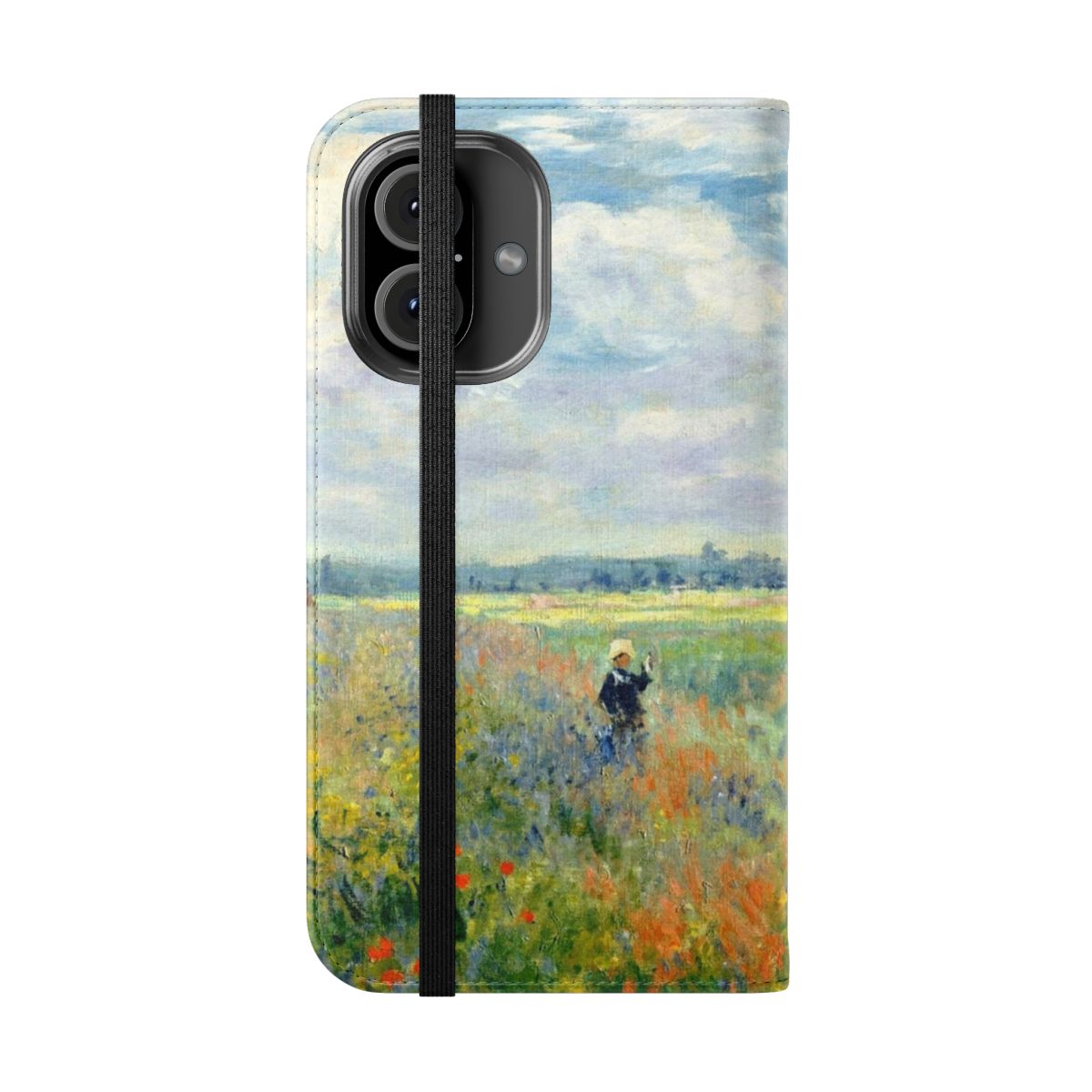 Smartphone case featuring a vibrant poppy field design inspired by the artwork of Claude Monet, the renowned Impressionist painter. - Folded Front