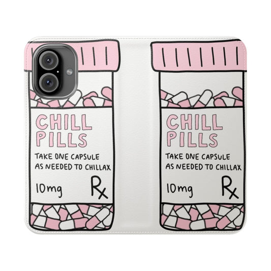 Flip phone case with a playful and whimsical pill-inspired design in a trendy, chill color palette.