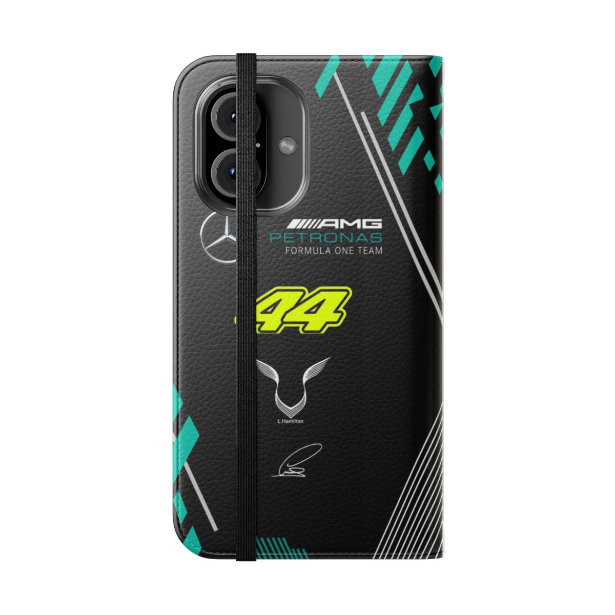 High-Performance Mercedes AMG Inspired Flip Cover Phone Case with Lewis Hamilton's LH44 Logo - Folded Front