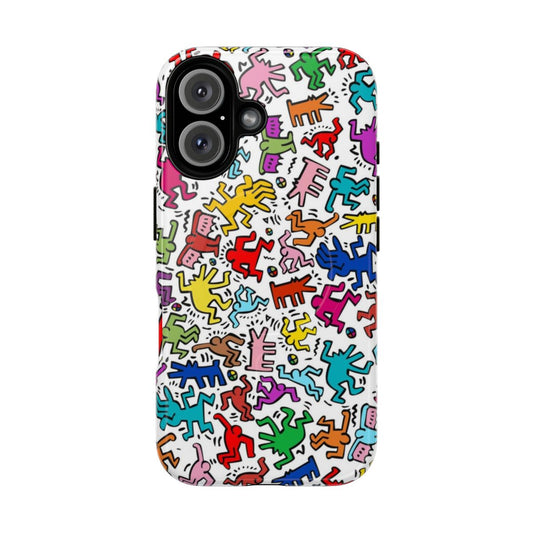 Phone case featuring a vibrant pattern inspired by the art of Keith Haring