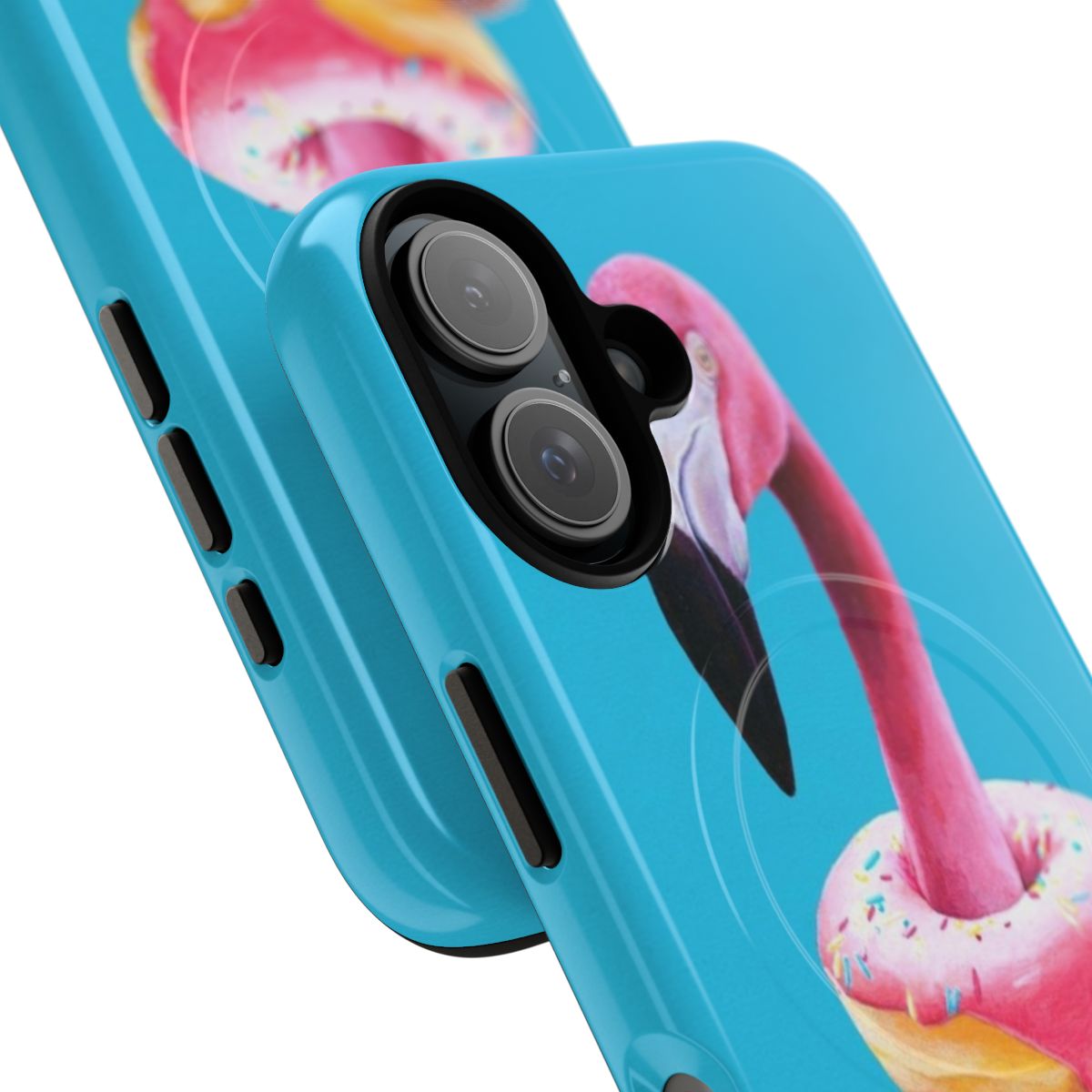 A flamingo-shaped doughnut phone case with a surreal, whimsical design - Detail