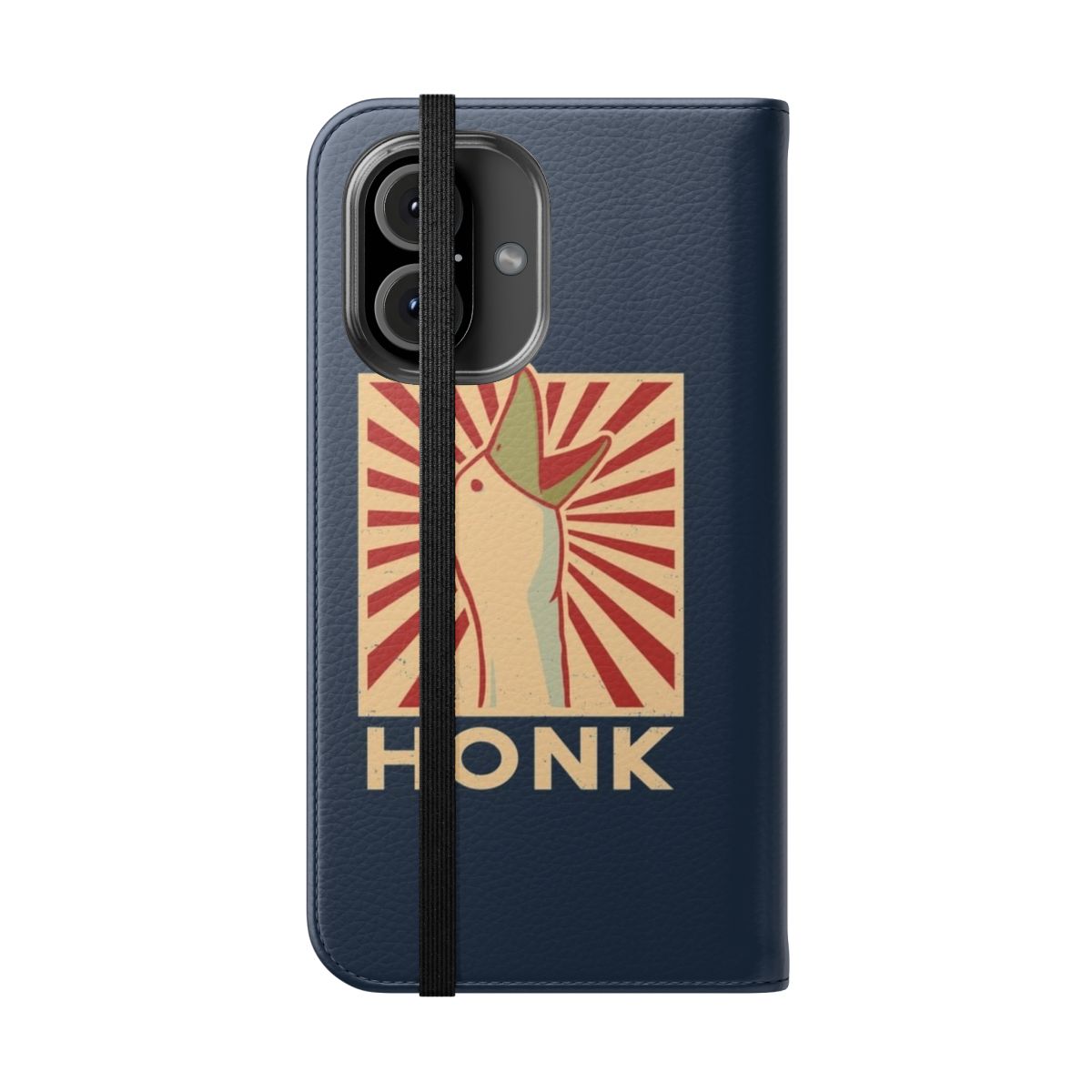 A stylish flip cover phone case featuring a playful goose illustration, perfect for honk game enthusiasts. - Folded Front