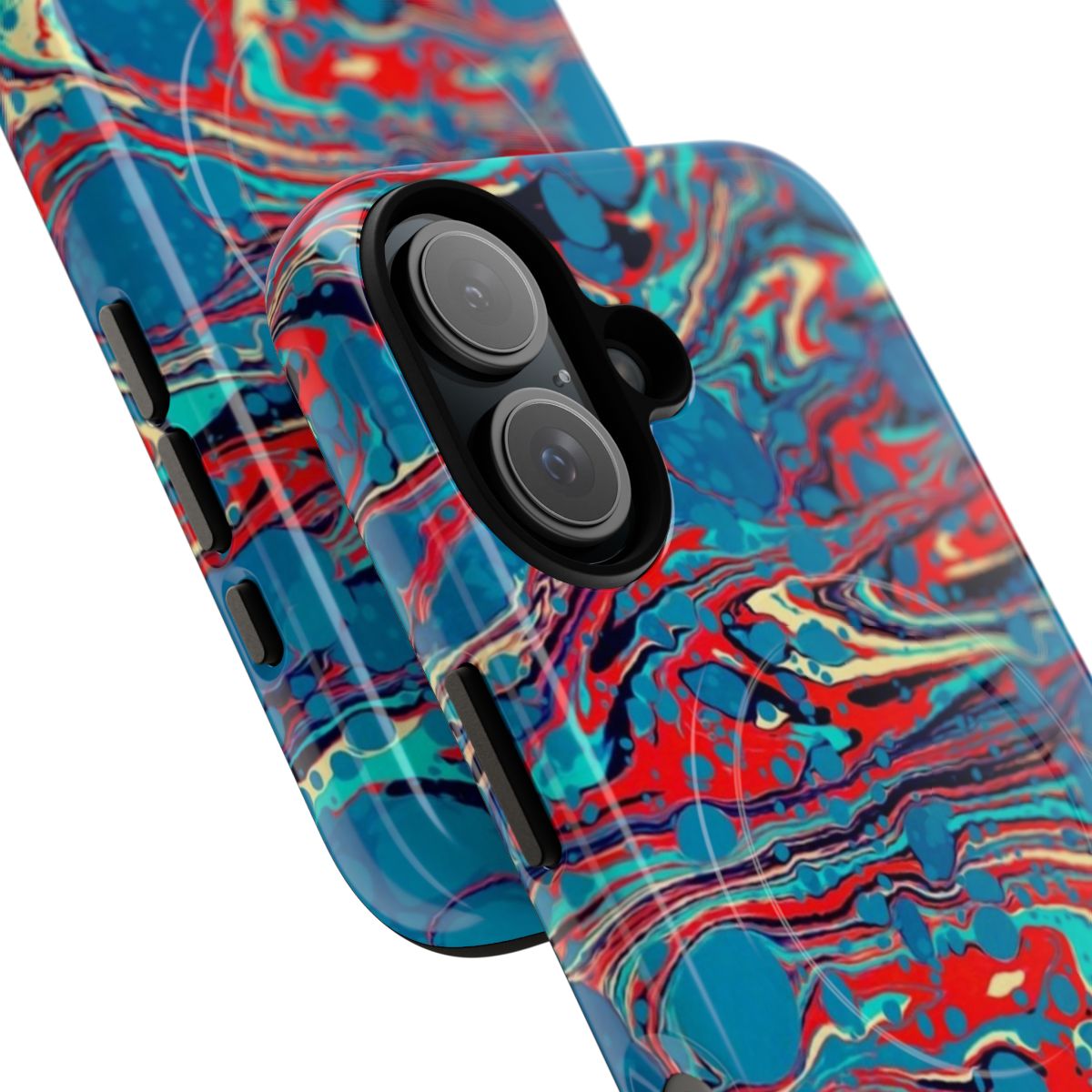 Psychedelic blue and red marbled phone case with an abstract, artistic design. - Detail