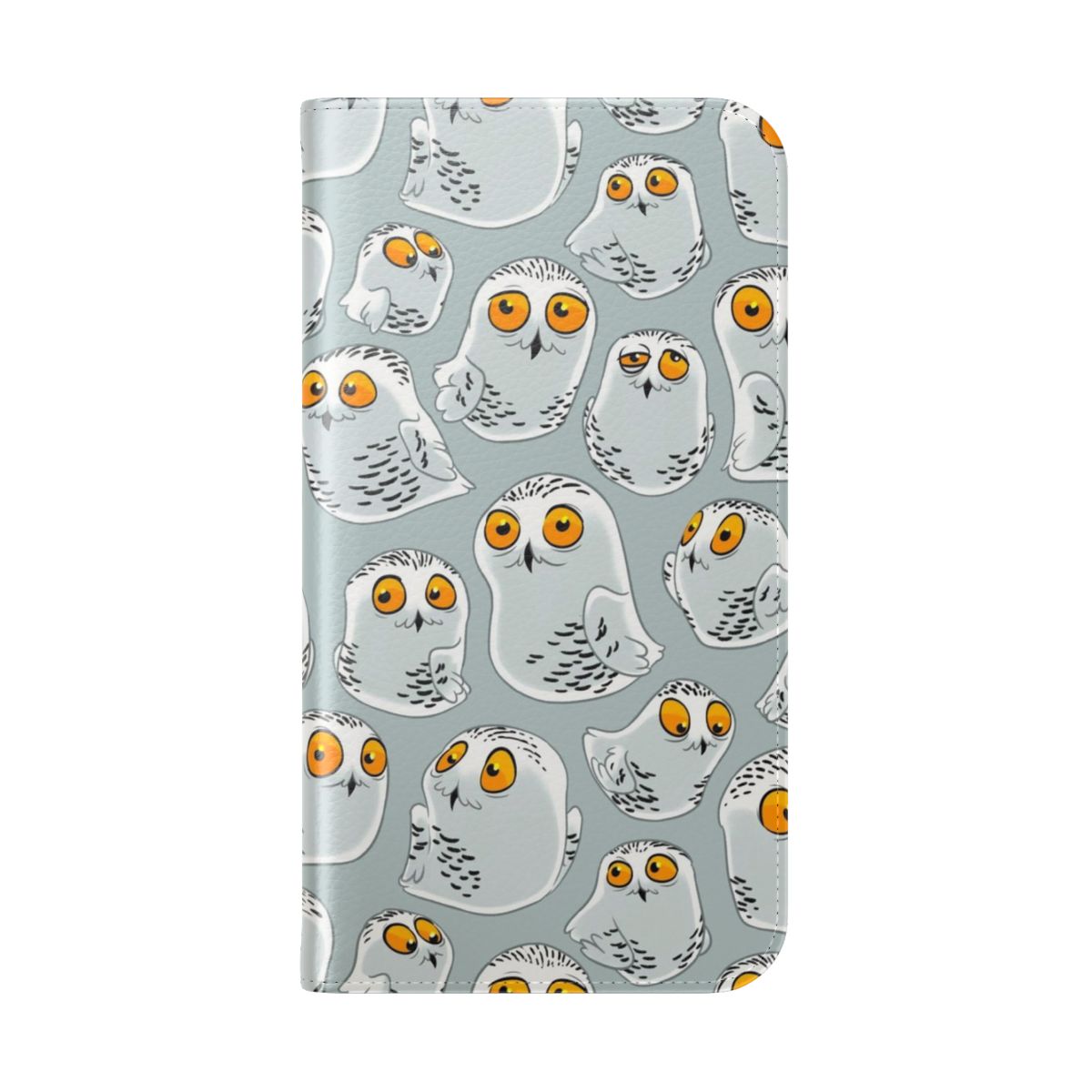 Flip phone case with a detailed snowy owl (Bubo scandiacus) design against a winter backdrop - Folded Back