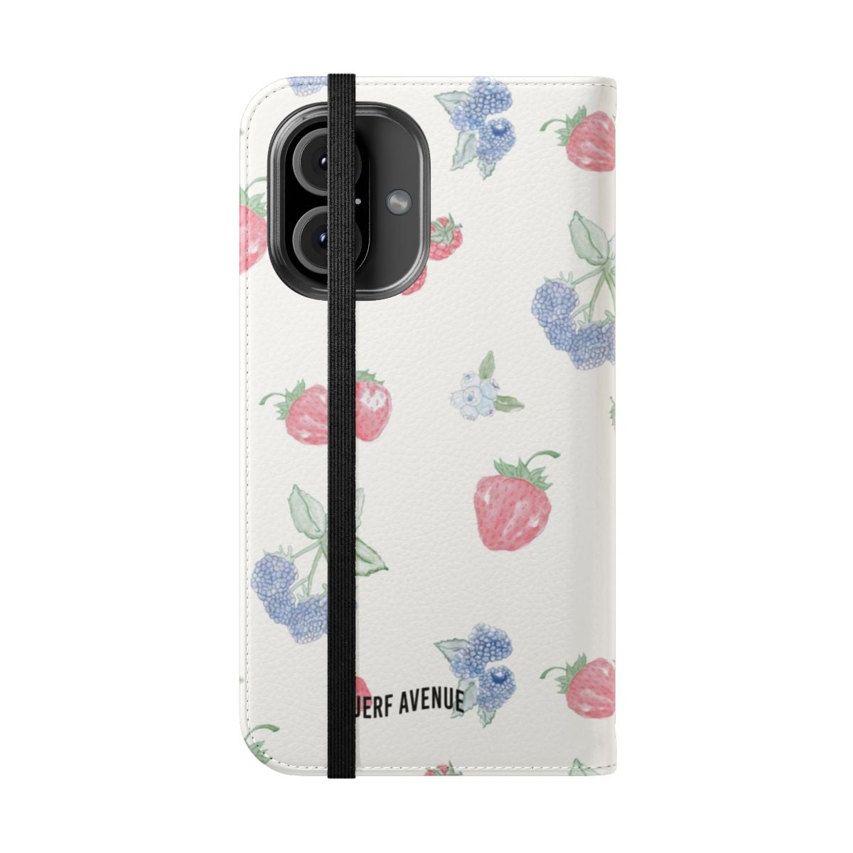 Pastel-colored summer berries print on a flip cover phone case with a Scandinavian aesthetic. - Folded Front