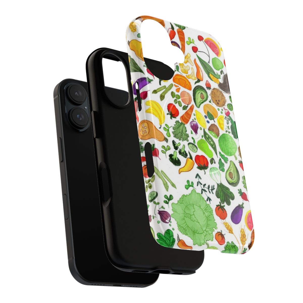 Colorful and vibrant phone case featuring a pattern of various fruits and vegetables - Layers