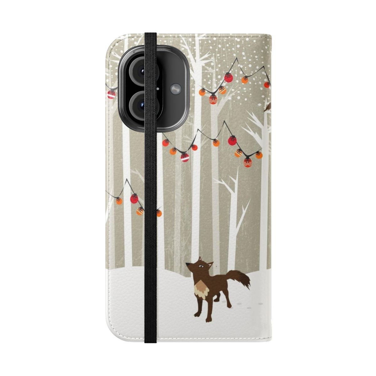 Flip cover phone case with a winter landscape design featuring a forest, snow, and a wolf. - Folded Front