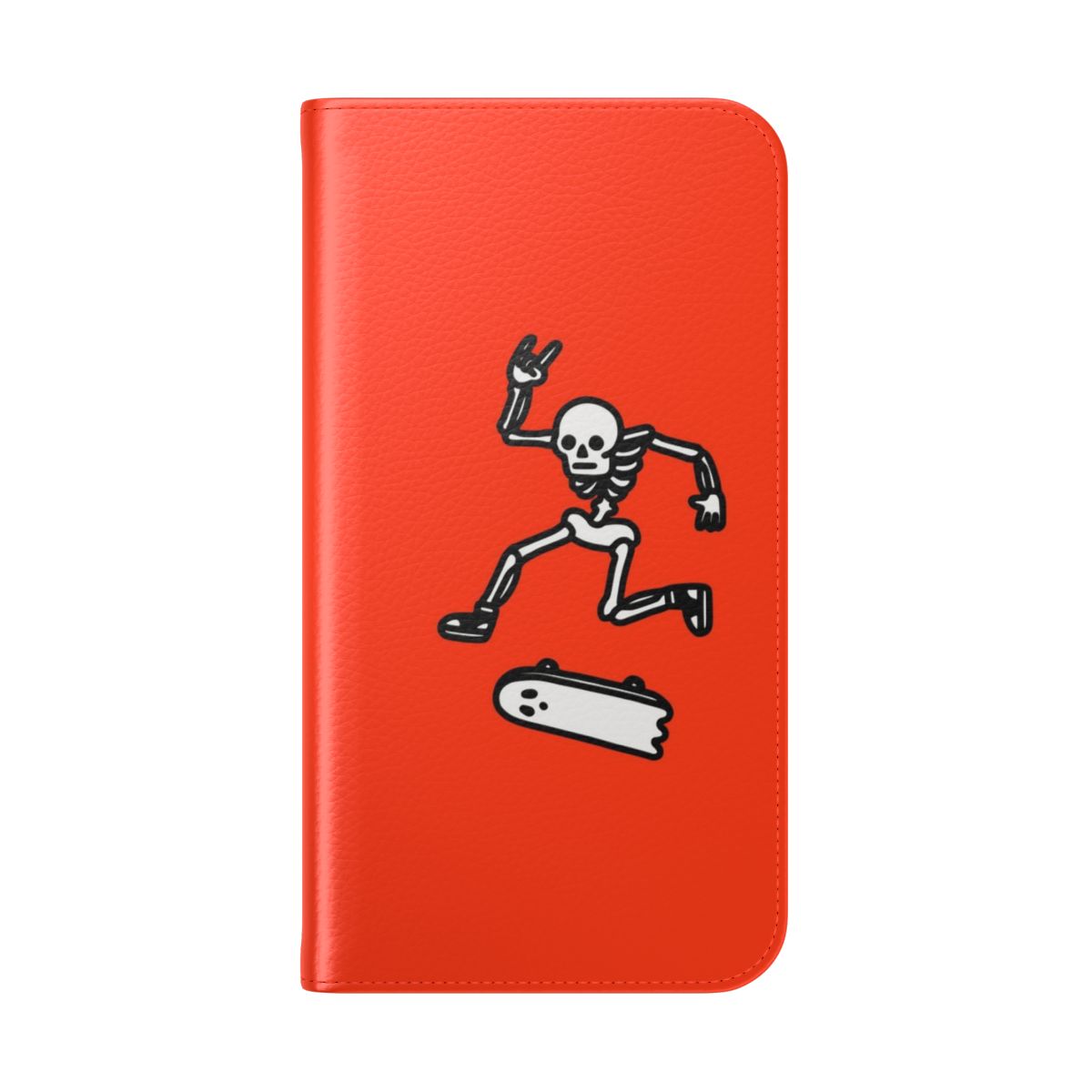 Spooky skater-inspired flip cover phone case with a skull, skateboard, and skeleton design - Folded Back