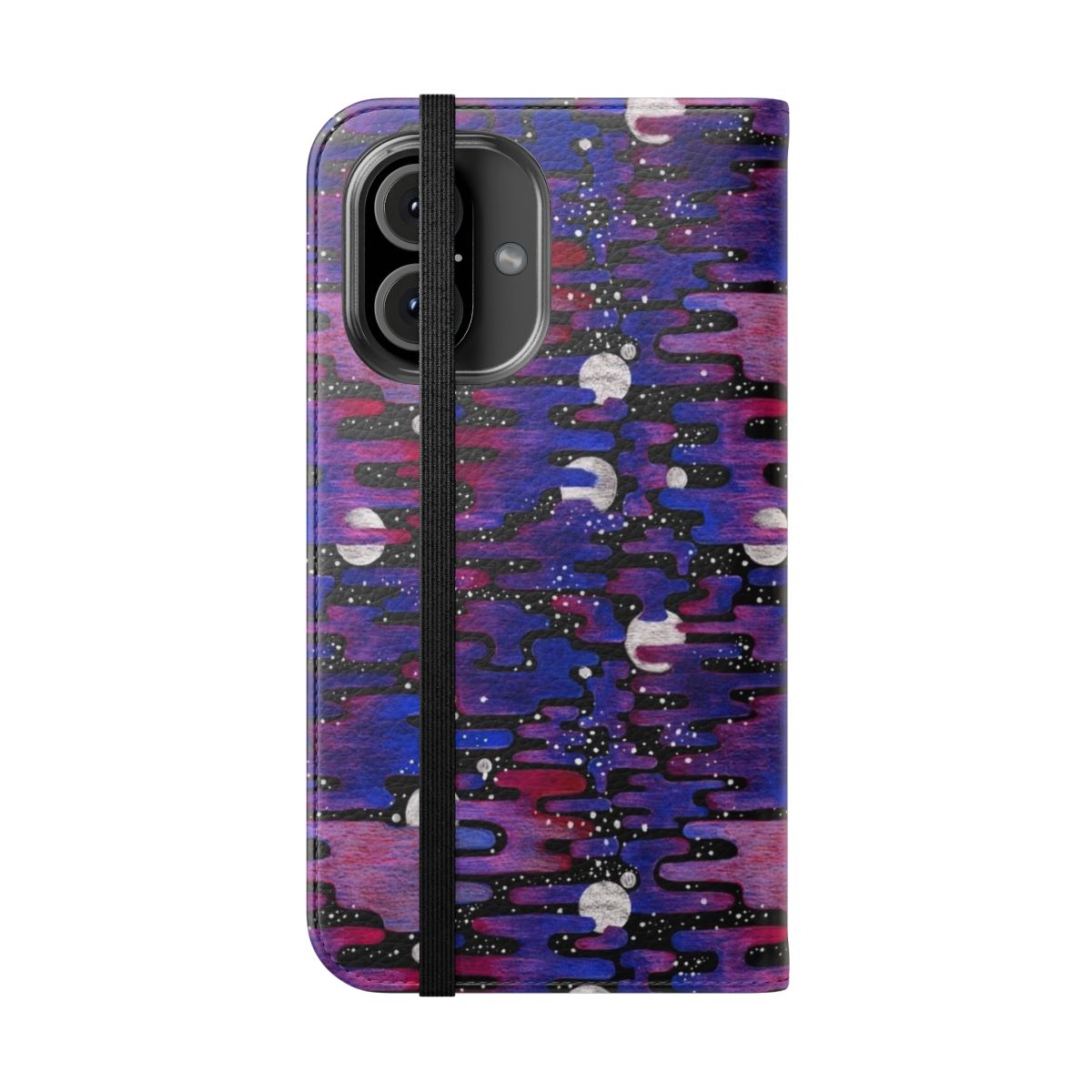 Flip phone case featuring a colorful cosmic pattern with planets, stars and galaxy elements. - Folded Front