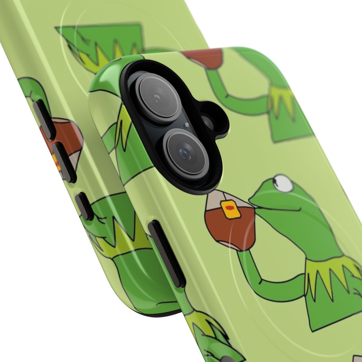 Magnetic phone case featuring a Kermit the Frog meme design with text "the tea has been served" - Detail