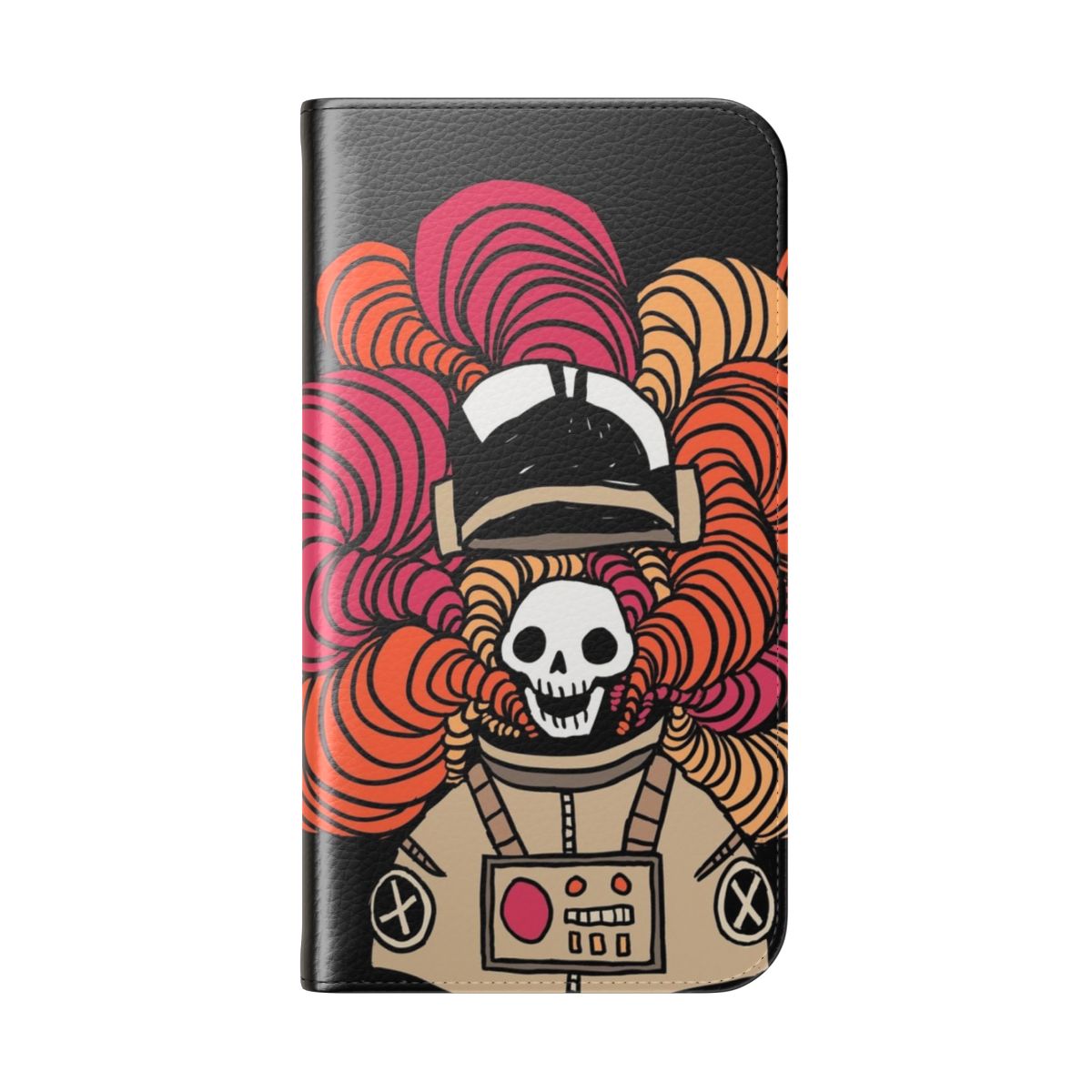 Flip cover phone case with space-inspired astronaut and skeleton graphic design - Folded Back