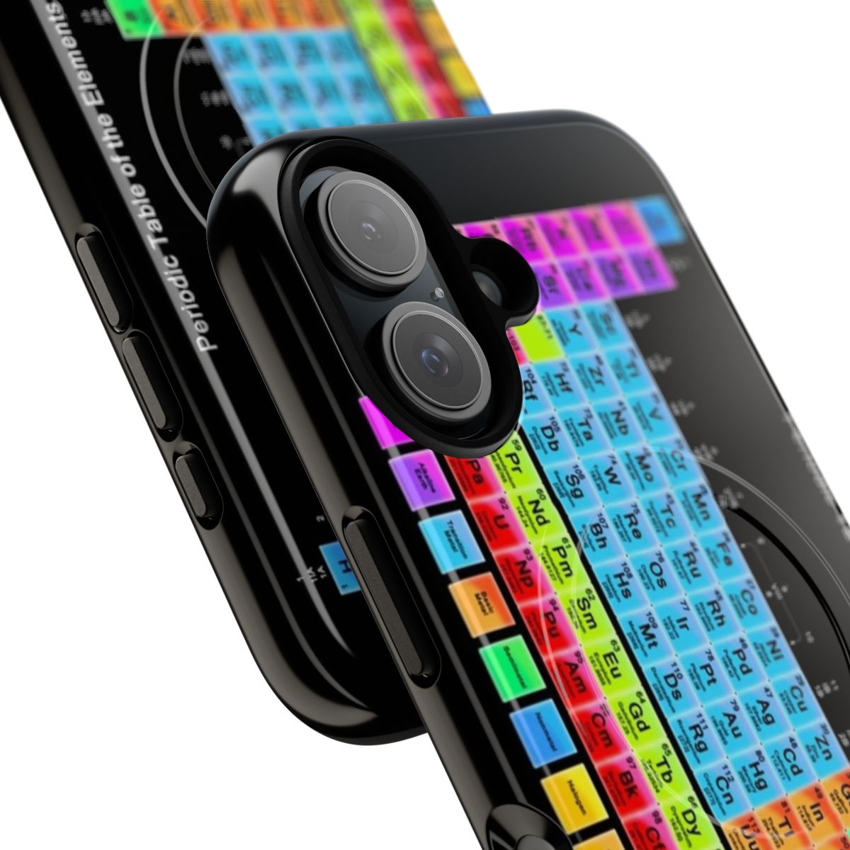 Colorful periodic table design on a black magnetic tough phone case - Detail