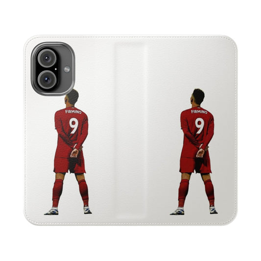 Roberto Firmino celebrating a goal for Liverpool FC, captured on a flip cover phone case