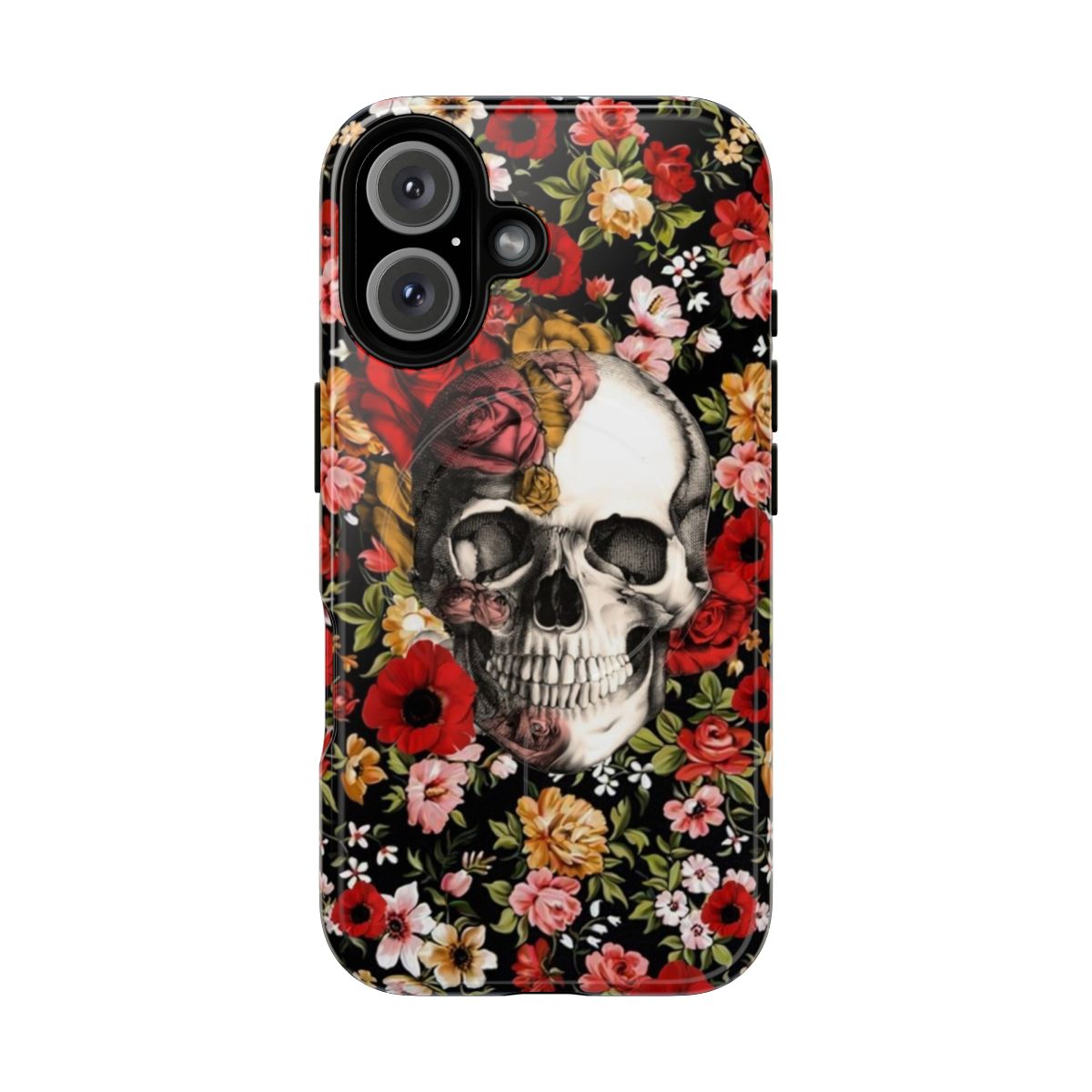 A vibrant floral skull pattern phone case