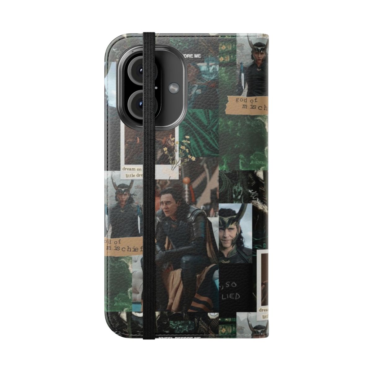 Stylish phone case featuring Loki, the popular Marvel character, in a vibrant green color palette. - Folded Front