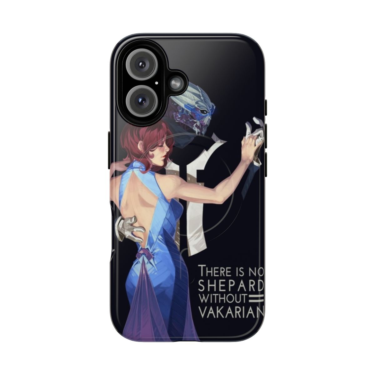 Mass Effect-inspired magnetic tough phone case featuring Commander Shepard and Garrus Vakarian