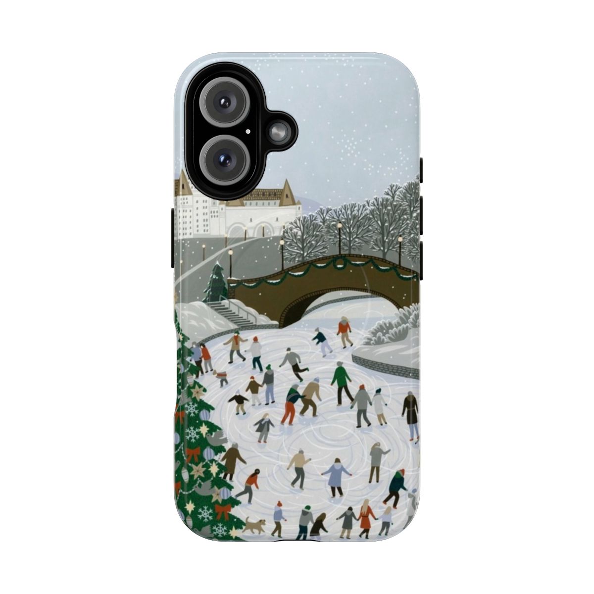 Vintage-style illustration of a snowy ice skating pond on a phone case