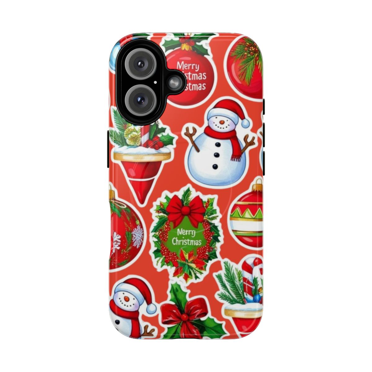 Magnetic phone case with a festive Christmas pattern featuring snowflakes, trees, and other winter elements.