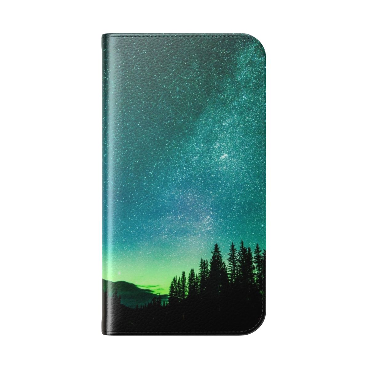 Cosmic aurora borealis phone case with vibrant neon green and stars - Folded Back