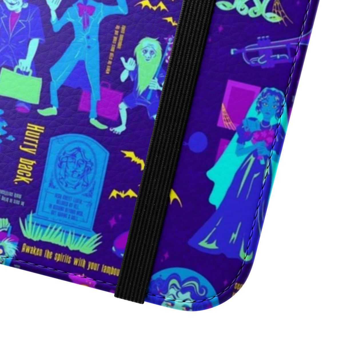 Haunted Mansion inspired flip cover phone case with spooky graphics - Close Up