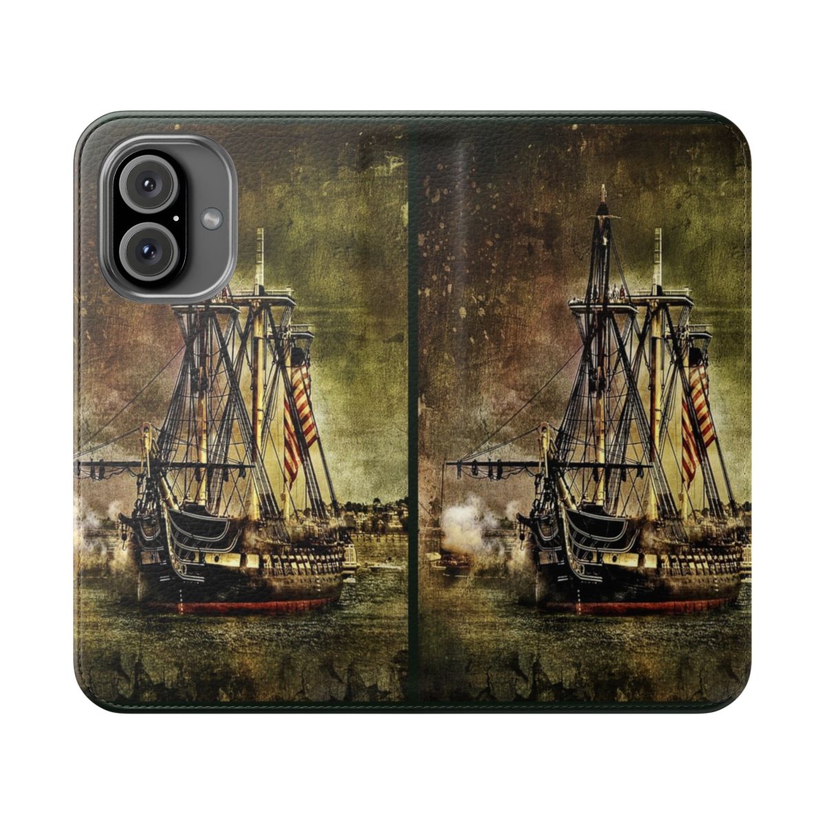 Vintage-style phone case with an image of the USS Constitution, a historic tall ship in Boston, Massachusetts.