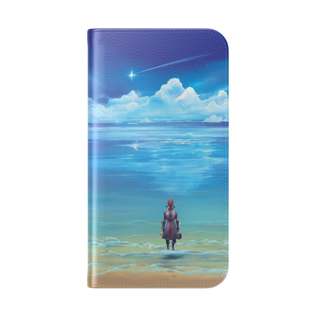 Eternity Flip Cover Phone Case featuring a beautiful coastal landscape with clouds, ocean, and seashells. - Folded Back