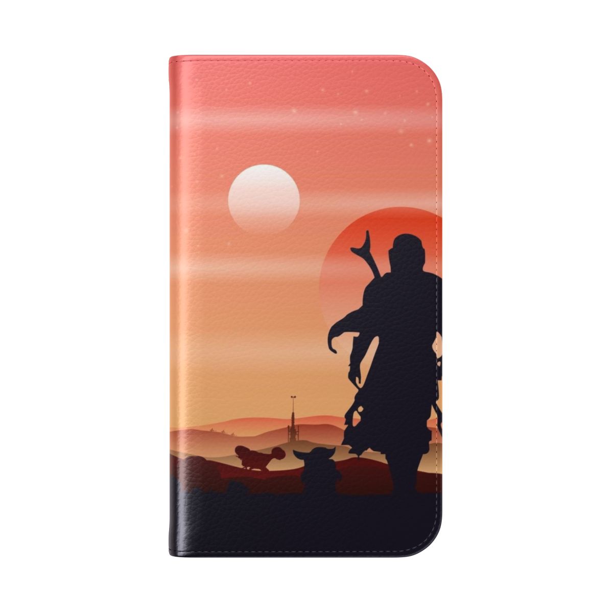 Tatooine Scenery Artistic Flip Cover Phone Case featuring Mandalorian, Boba Fett, and Star Wars characters - Folded Back