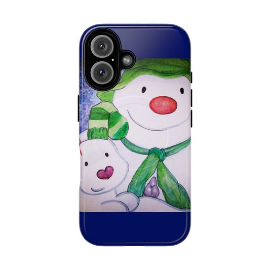 Watercolor-style illustration of a snowman and snowdog on a magnetic tough phone case