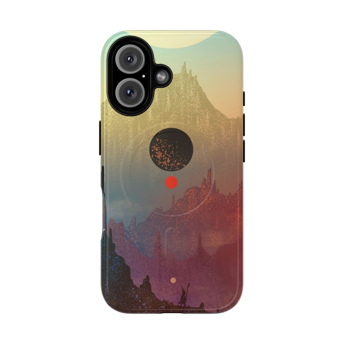 Cosmic-themed magnetic tough phone case with space, mountain, and orb design