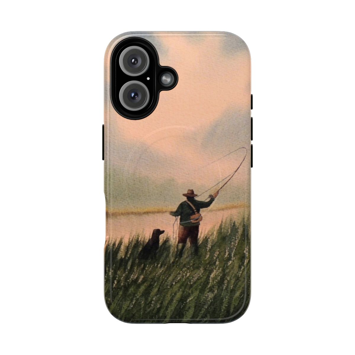 Magnetic tough phone case featuring a fly fisherman and his loyal friend, perfect for outdoor enthusiasts.