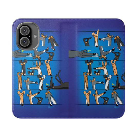 Flip cover phone case featuring a cute cartoon greyhound design