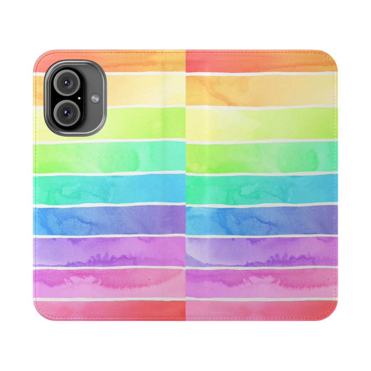 Colorful watercolor-style rainbow stripes on a flip phone case