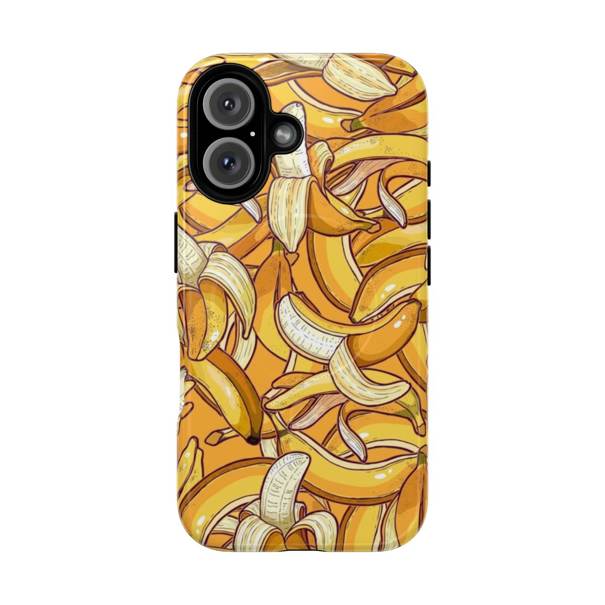 Bright yellow banana-shaped phone case with tropical design