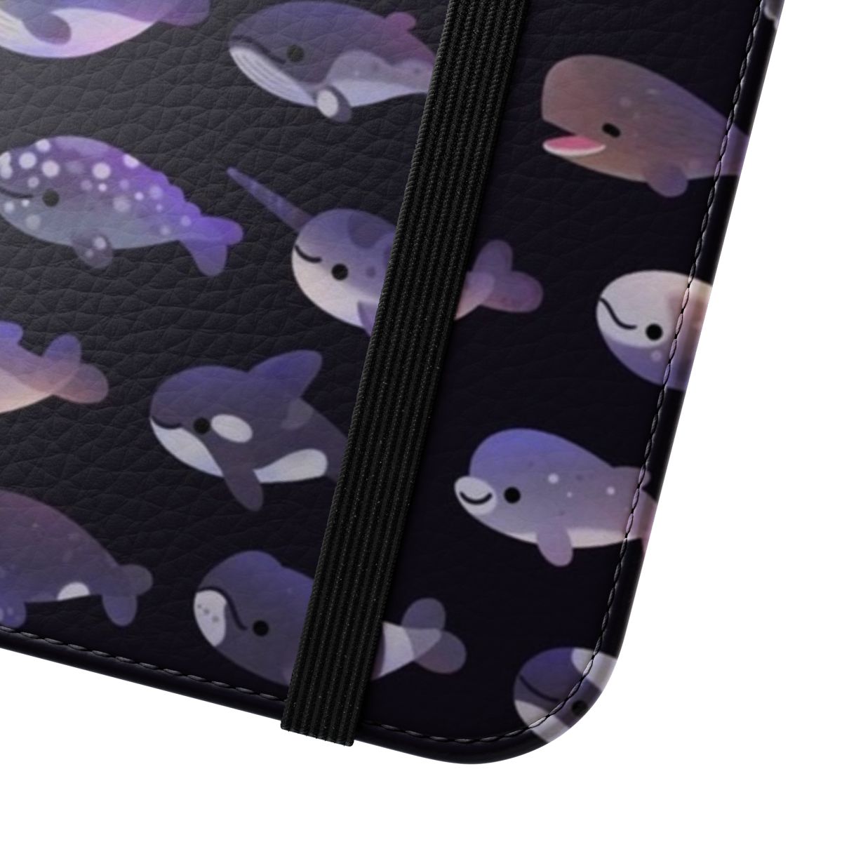 A colorful phone case featuring a vibrant design of whales, dolphins, and other marine life. - Close Up