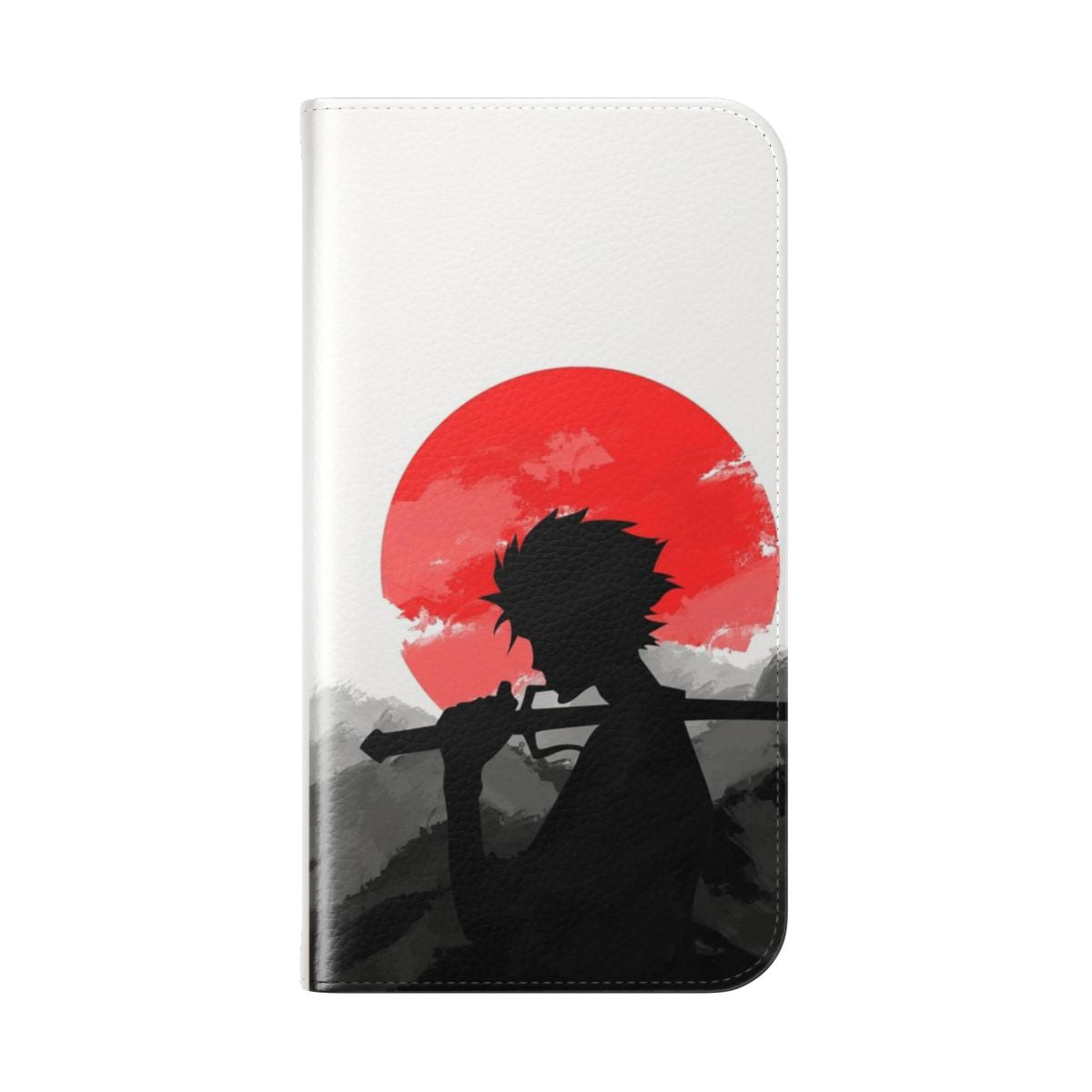 A colorful flip cover phone case featuring iconic characters from the anime "Samurai Champloo" set against a vibrant sunset backdrop. - Folded Back