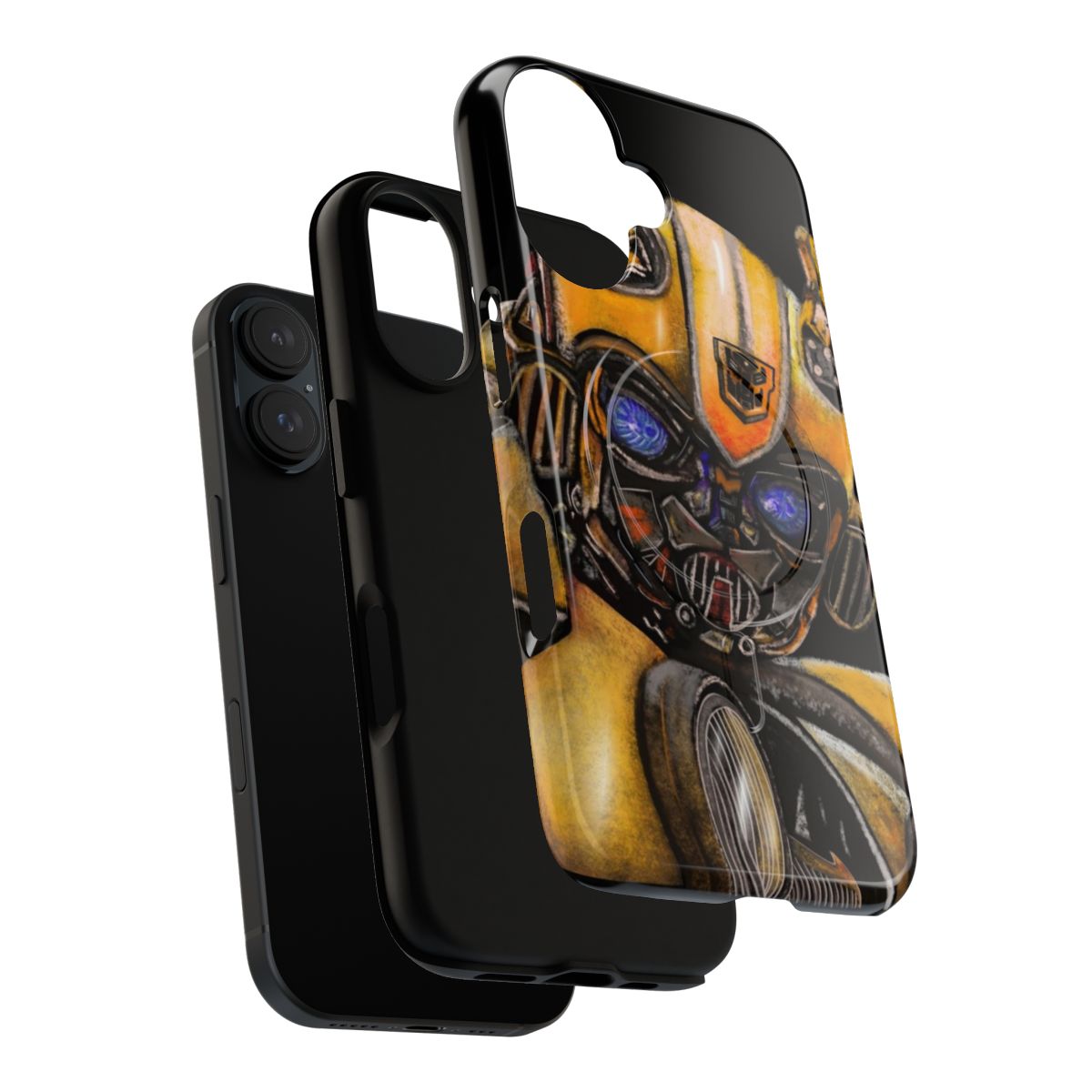 A phone case with a digital illustration of the Transformer character Bumblebee. - Layers