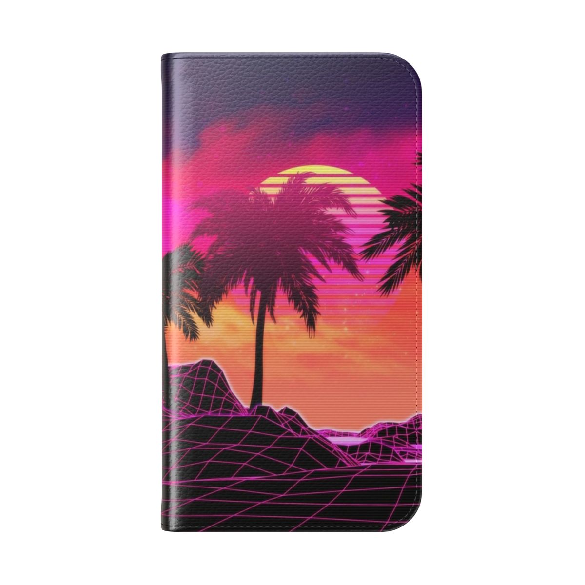 Retro futuristic vaporwave landscape with pink, purple, and coral colors, featuring rocks, palm trees, and a glitchy, geometric background. - Folded Back