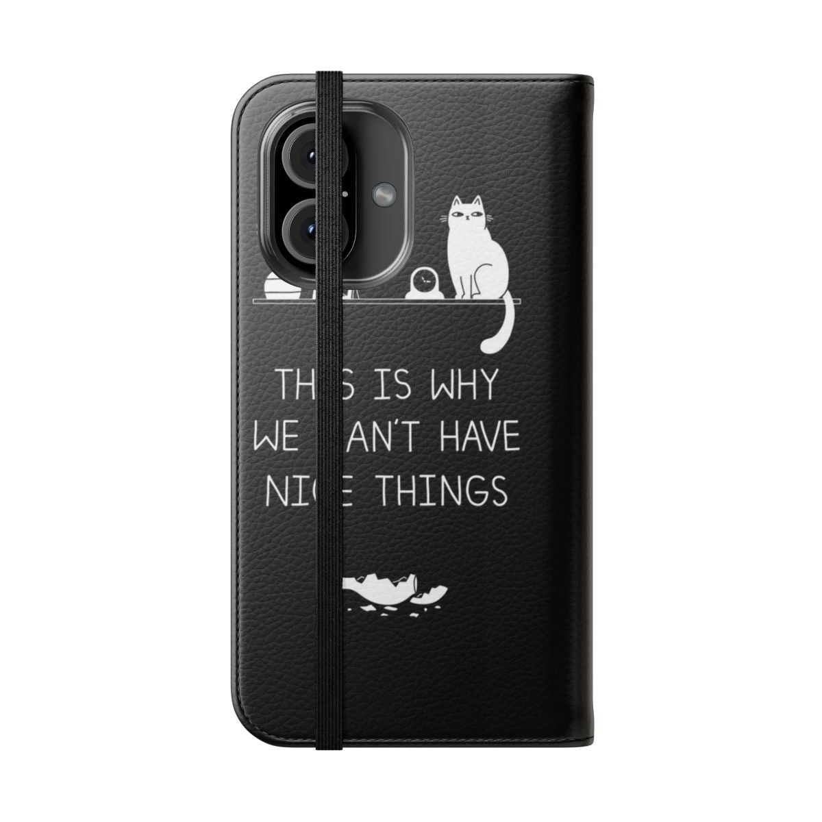 Humorous cat-themed flip cover phone case with broken vase and typography design - Folded Front