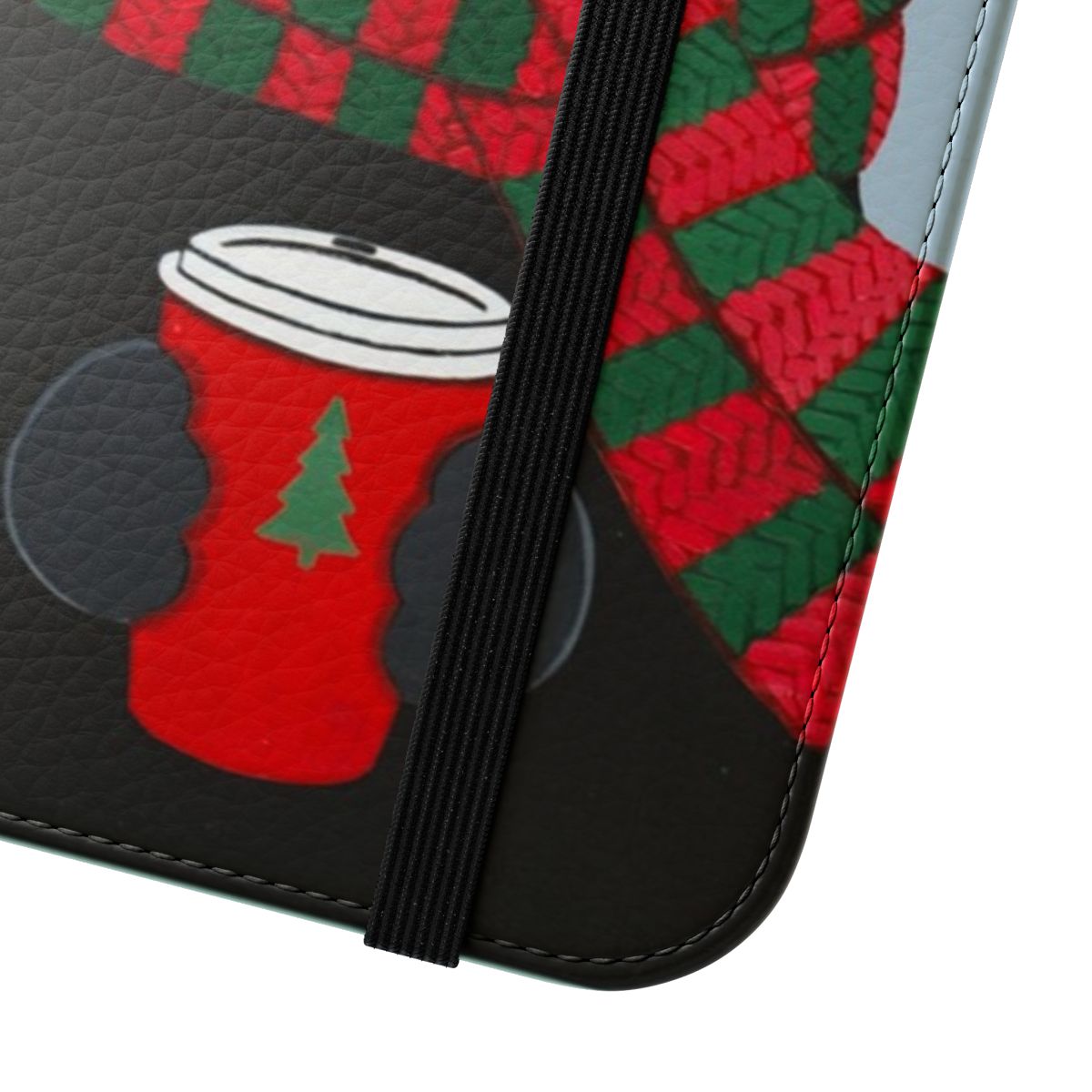 A stylish black cat holding a coffee mug printed on a flip cover phone case - Close Up