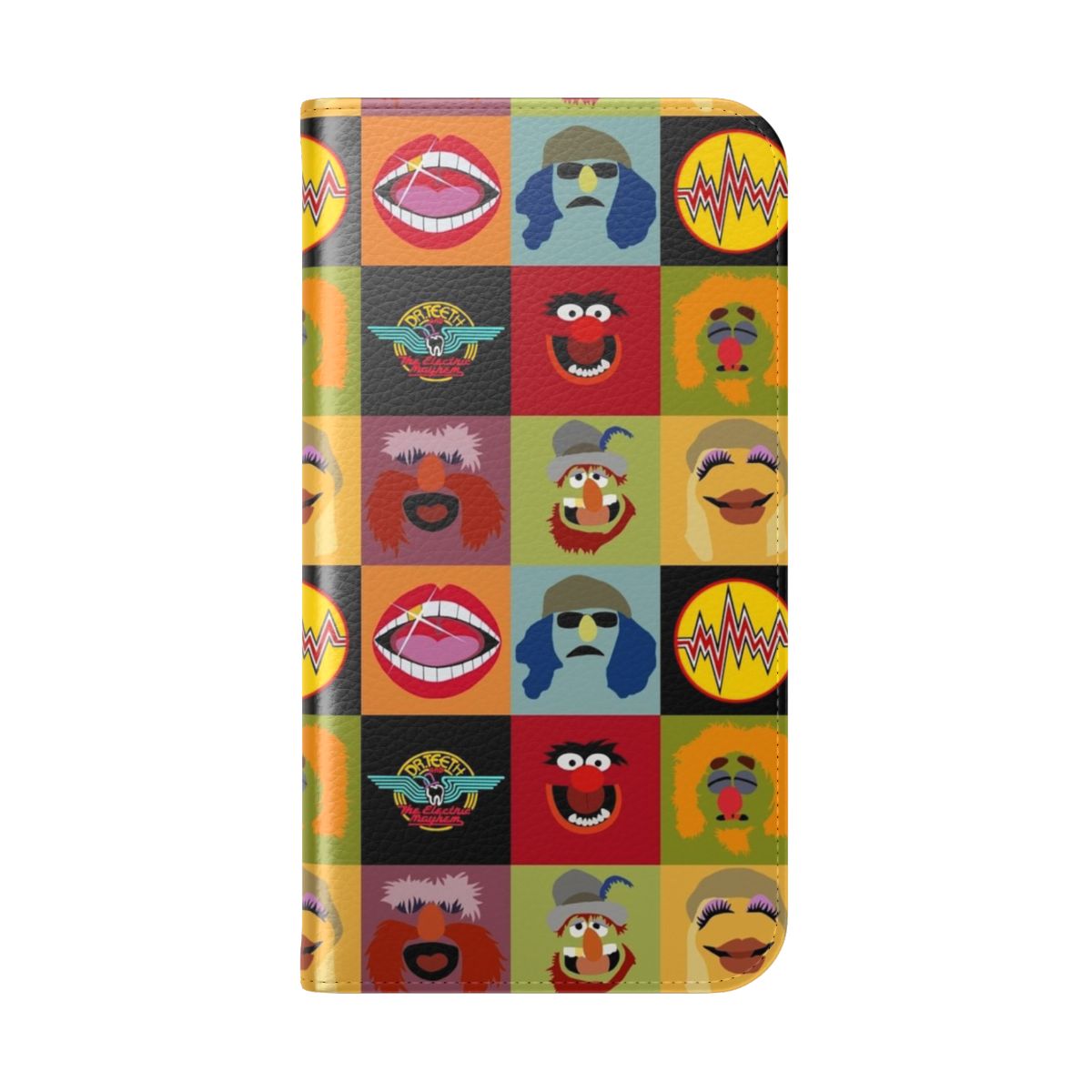 Colorful Muppets-inspired phone case with flip cover featuring animal characters like Miss Piggy, Kermit the Frog, and Bert and Ernie - Folded Back