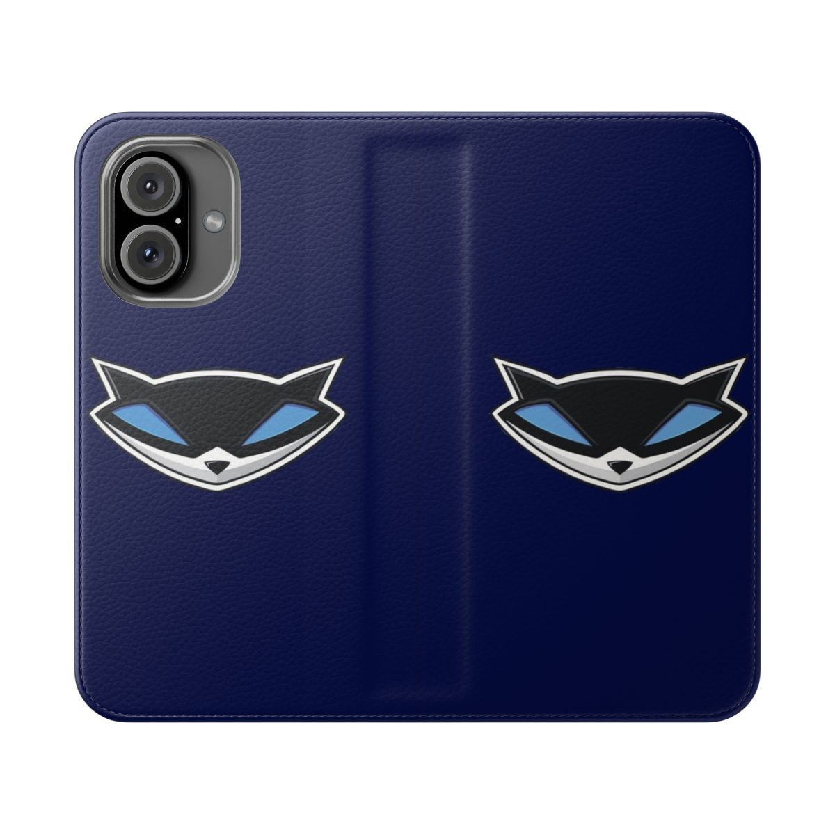 Sly Cooper-themed flip cover phone case with a playful raccoon logo