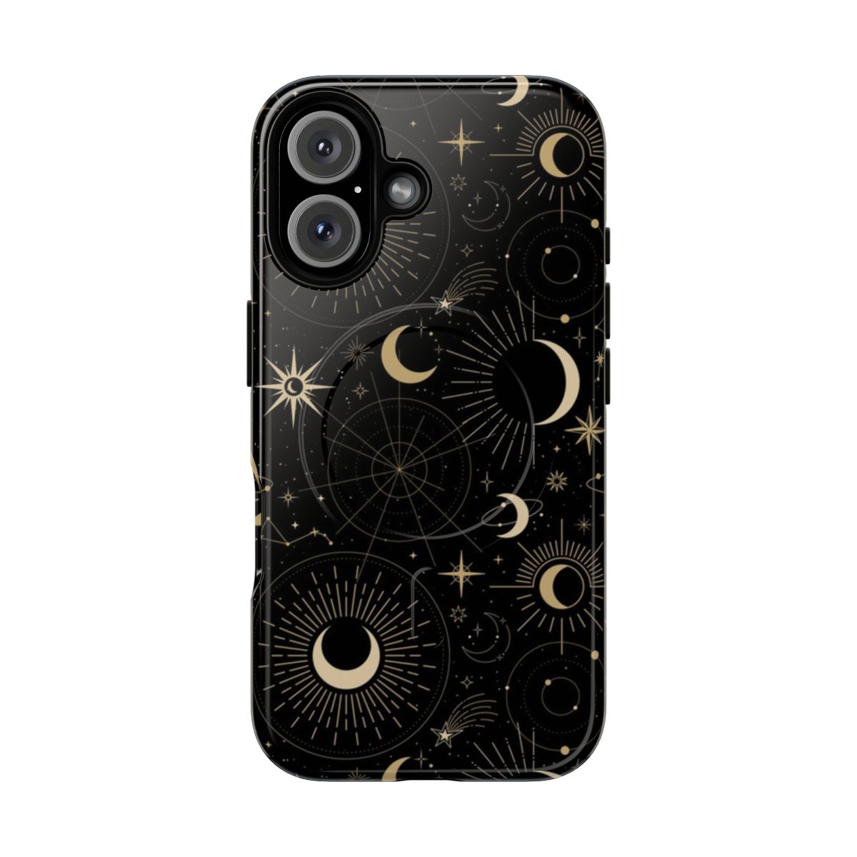 Stylish celestial-themed phone case with moon, stars and sun design