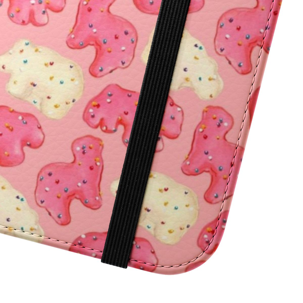 Closeup of a pink phone case with a frosted animal cookies pattern in a vintage, retro style. - Close Up