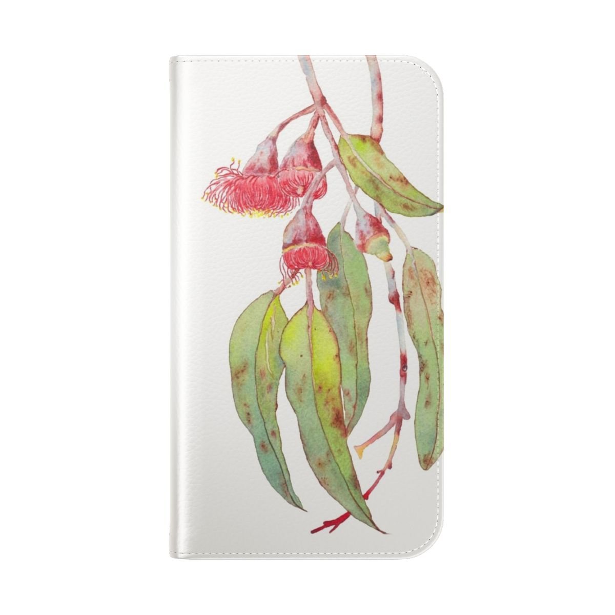 Watercolor painting of the pink and green flowers of the Australian silver princess eucalyptus plant on a phone case. - Folded Back