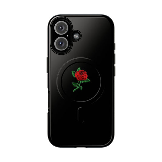 Magnetic phone case featuring a bold and striking red rose design