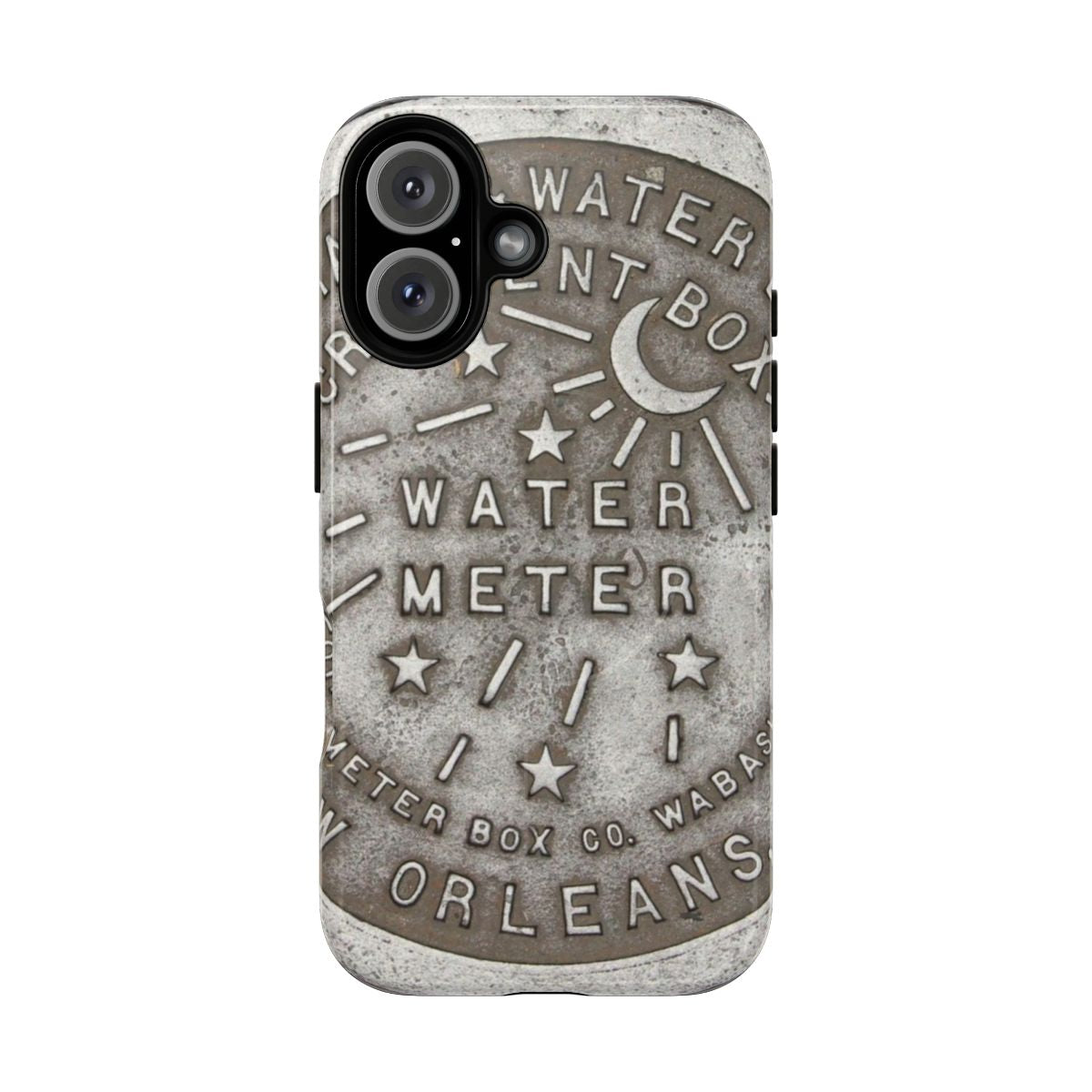 Vintage-inspired phone case featuring a metallic silver and gray water meter cover design inspired by the historic Crescent City.